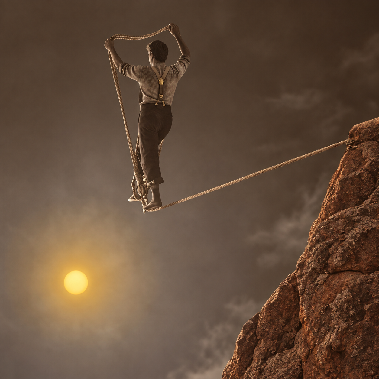 A traveler balancing on a rope between rocky cliffs at sunset