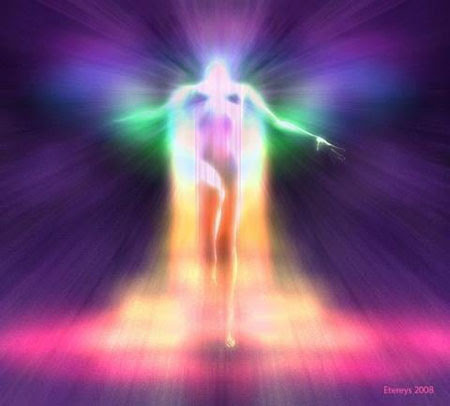 A figure moving toward an open field of light